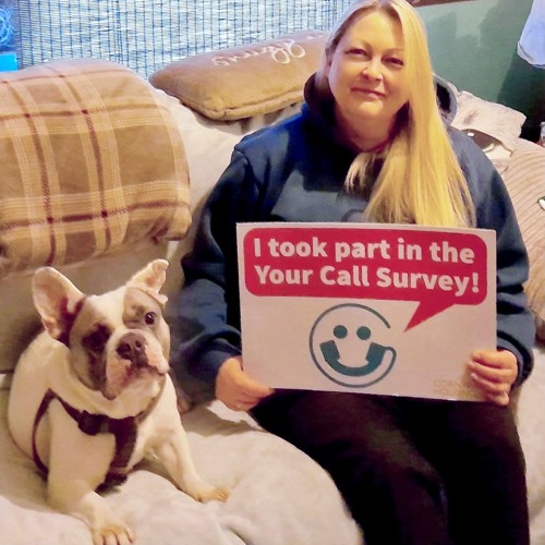 photo of Your Call survey winner Ms Hardy on the sofa with her French bulldog, Cooper
