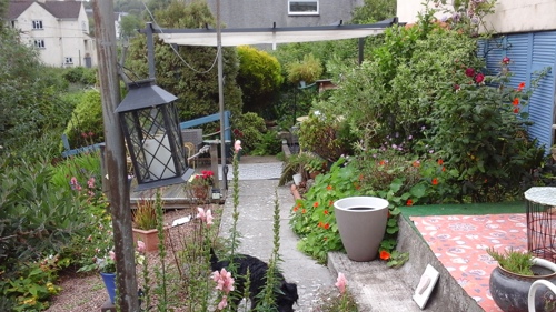 picture of a well tended garden with lanterns hanging