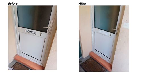 photo of a mended door before and after
