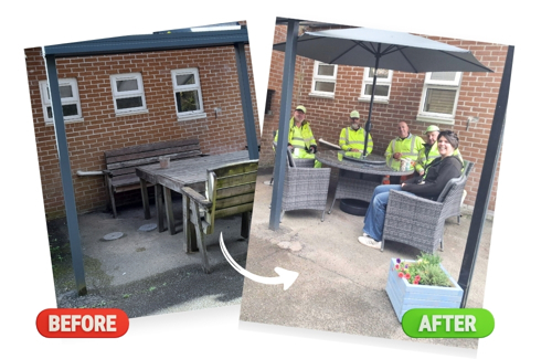 A before and after showing a seating area with mossy wooden furniture in the before photo and a new seating set with parasol next to a freshly planted arrangement in the after photo