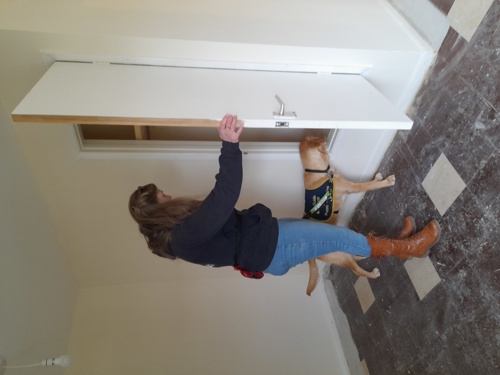 Resident Voids Inspector Maxine inspecting a cupboard with her puppy Guide Dog Pollie