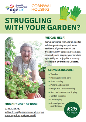 AGE UK Gardening Flyer  which says 'STRUGGLING WITH YOUR GARDEN?' followed by information about the service