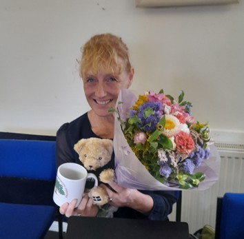 Hilary with her bouquet of flowers