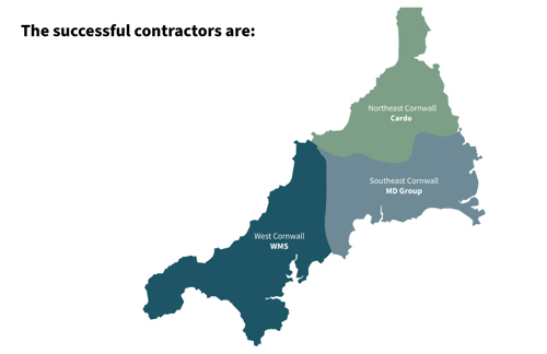 Map of Cornwall showing Cornwall Housing's new contractor areas