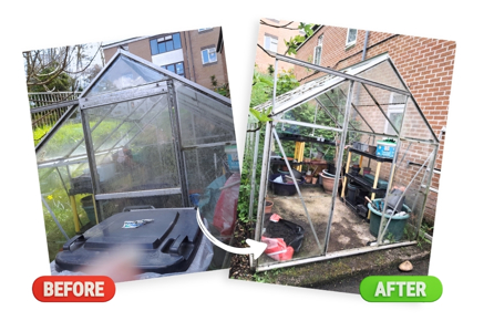 A before and after photo showing a greenhouse. In the before photo, the glass is dirty and the greenhouse is messy inside. In the after photo, the greenhouse is clean and organised, ready for growing!